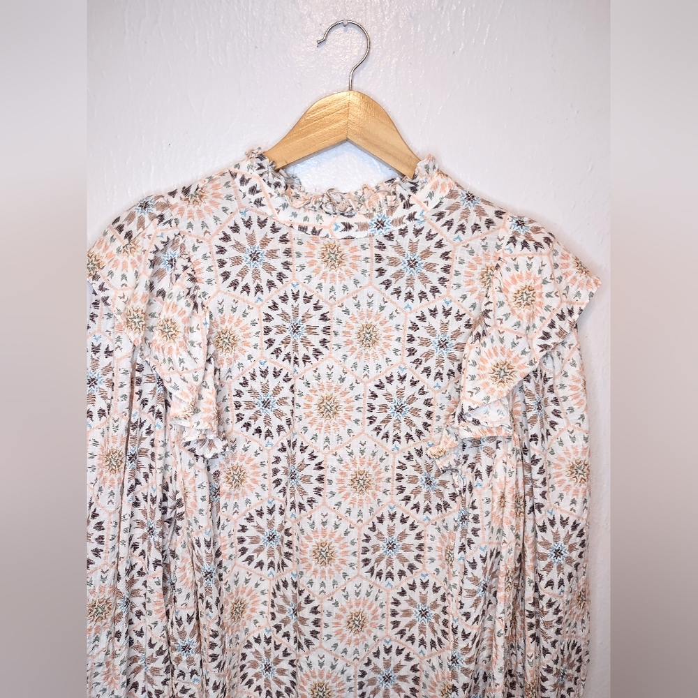 Multicolor Mock Neck Balloon Sleeve Prairie/Peasant/Boho Blouse Size OX/14-16